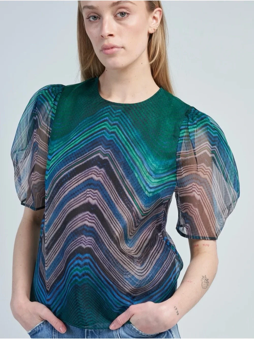 Ulla Johnson Sheer Chevron Wave Blouse in Green, Blue and Gray